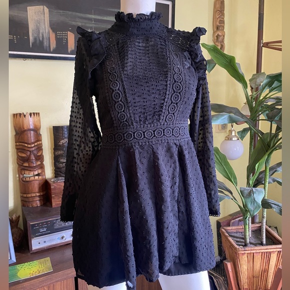 ASOS gothic little black eyelet lace embroidered elegant mini dress boho - Picture 4 of 11